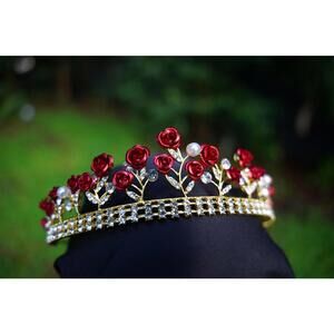 Red Rose Tiara Bridal Crown Birthday Wedding Gift Diadem Gold Diamond prom metal